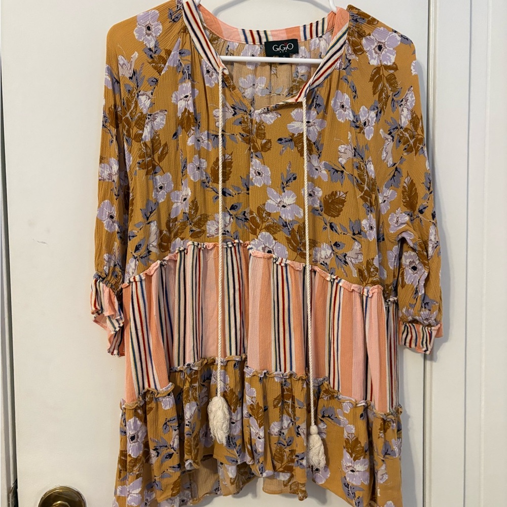 GGO Mustard Floral & Pink Stripe Tiered Peasant Blouse